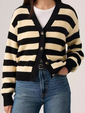 Levi's Black and Cream Striped Button-Up Cardigan Sweater